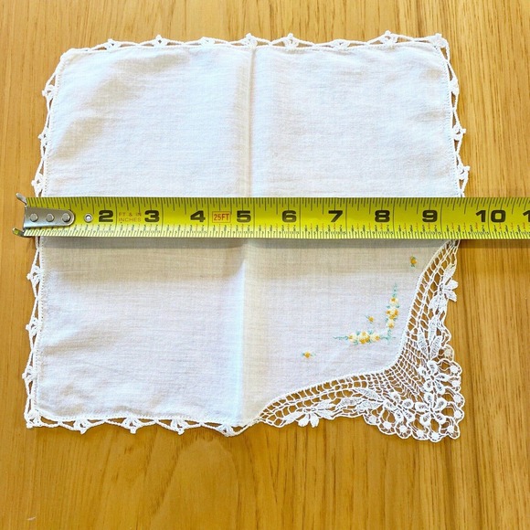 Vintage Handkerchief Hanky Embroidered Flowers Tatting Crochet Edge Linen 9.5" - Picture 8 of 8